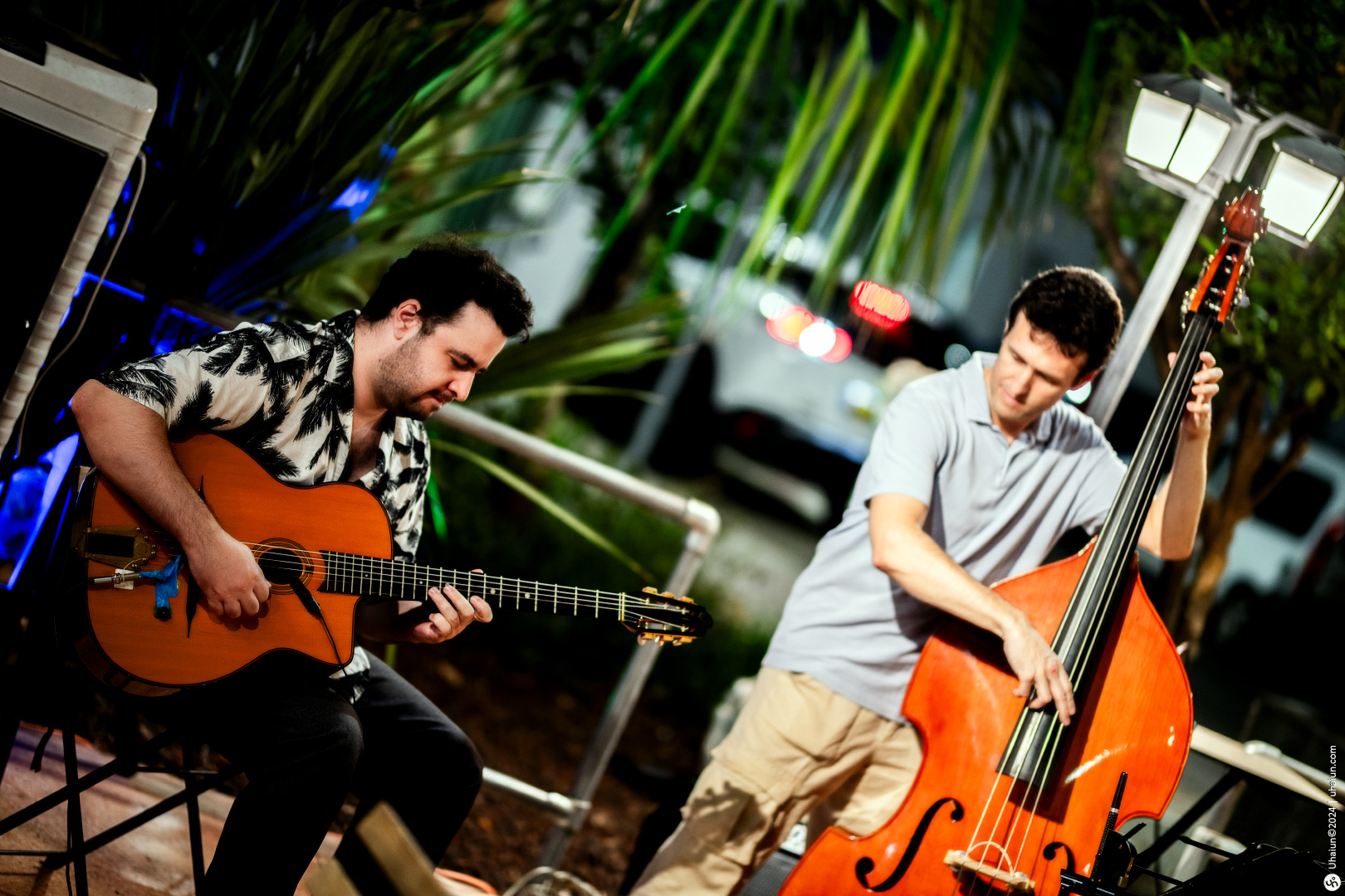 Two musicians playing guitar and double bass outdoor