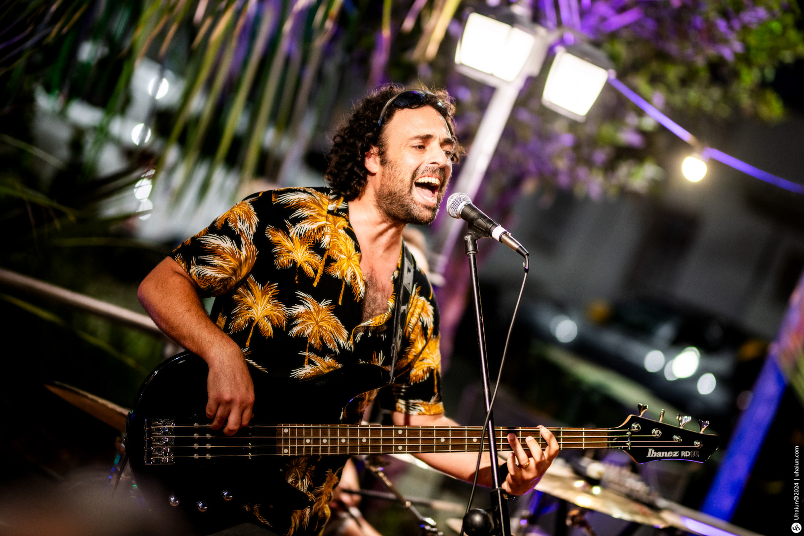Singer with guitar performs at outdoor night event