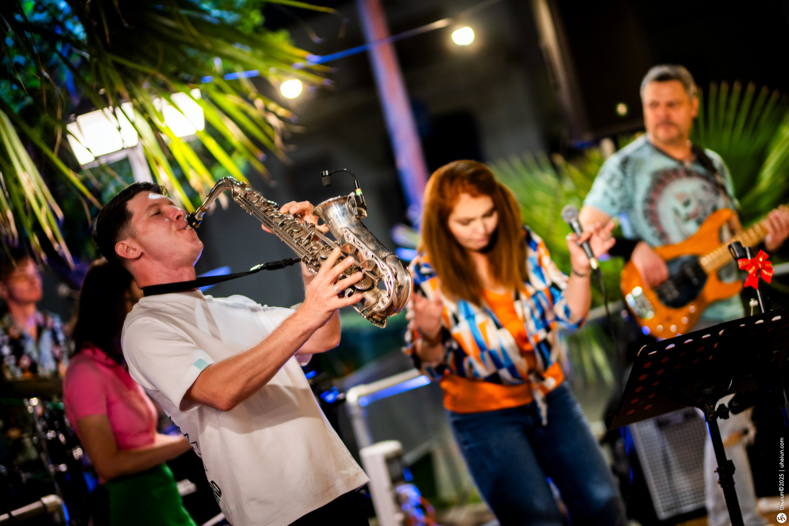 Live band performing in outdoor evening concert