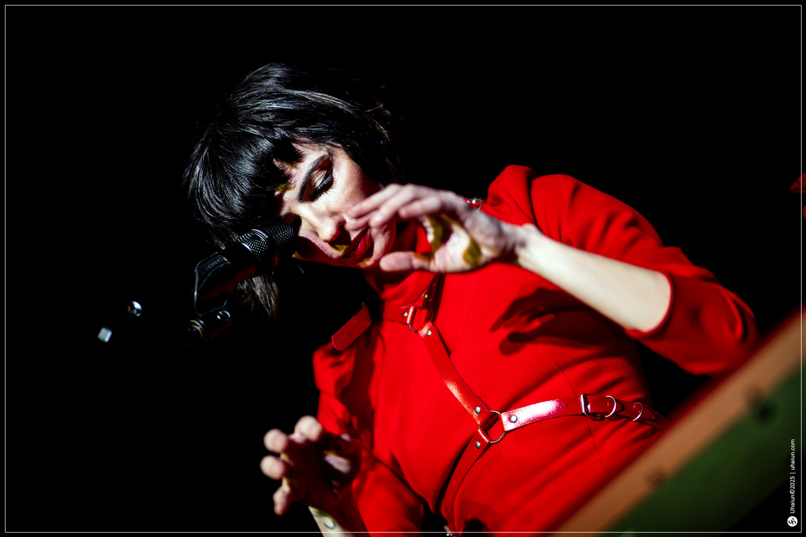 Singer in red outfit performing on stage