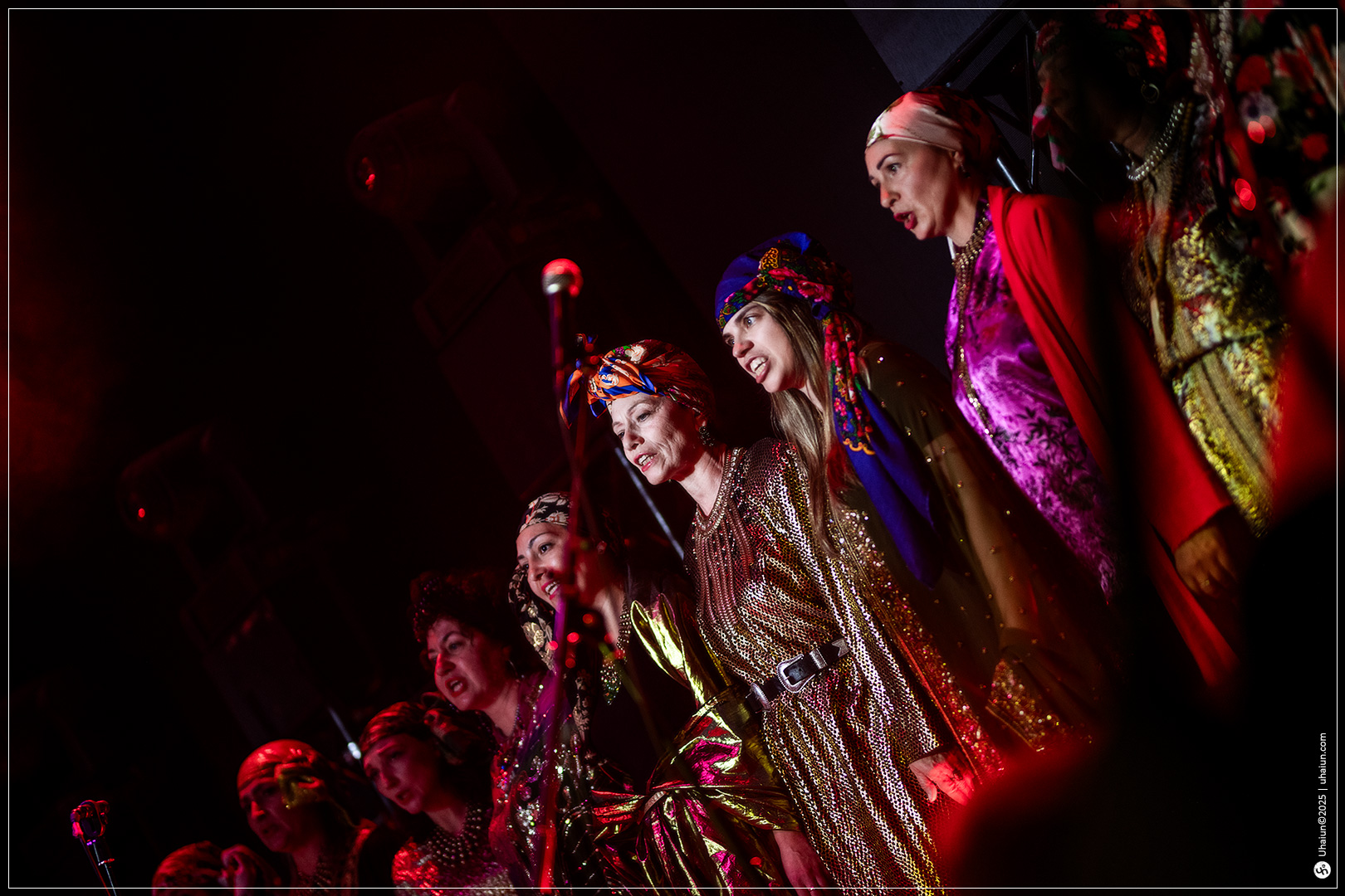 Performance group singing on stage with costumes