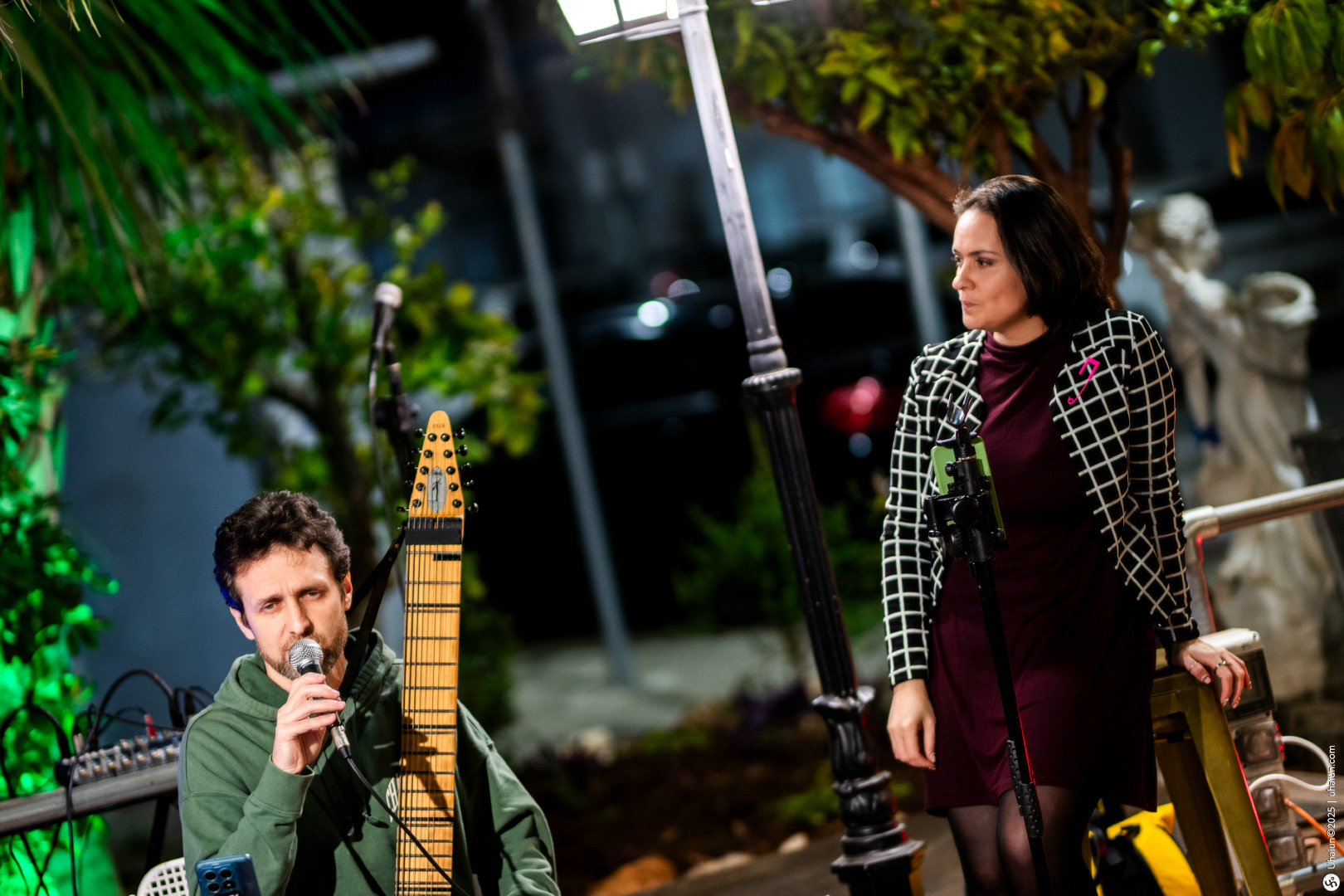Musicians performing outdoors with microphone and instrument