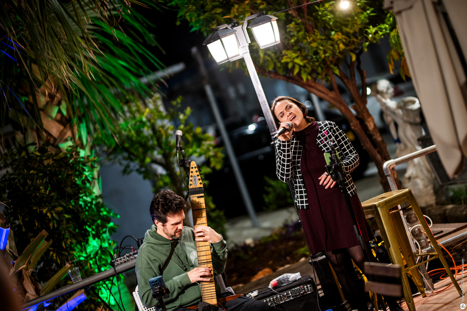 Musicians performing lively outdoor night concert scene