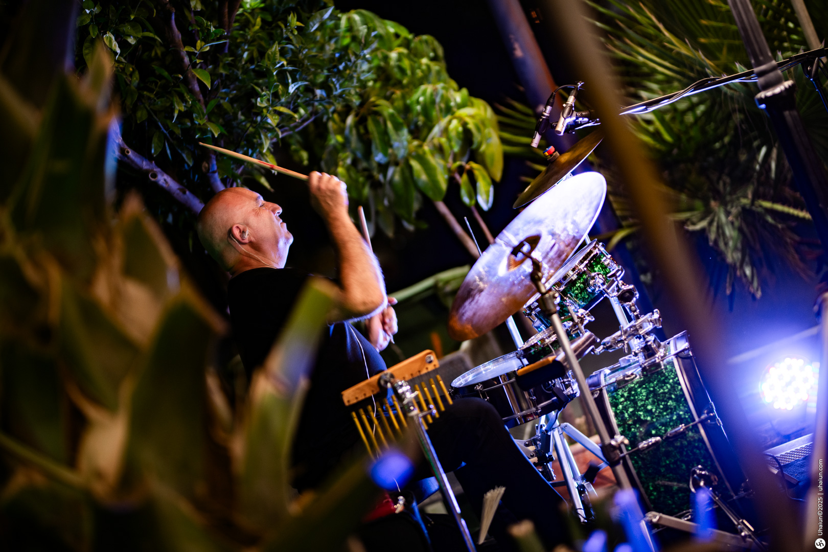 Drummer performing energetically at outdoor night concert