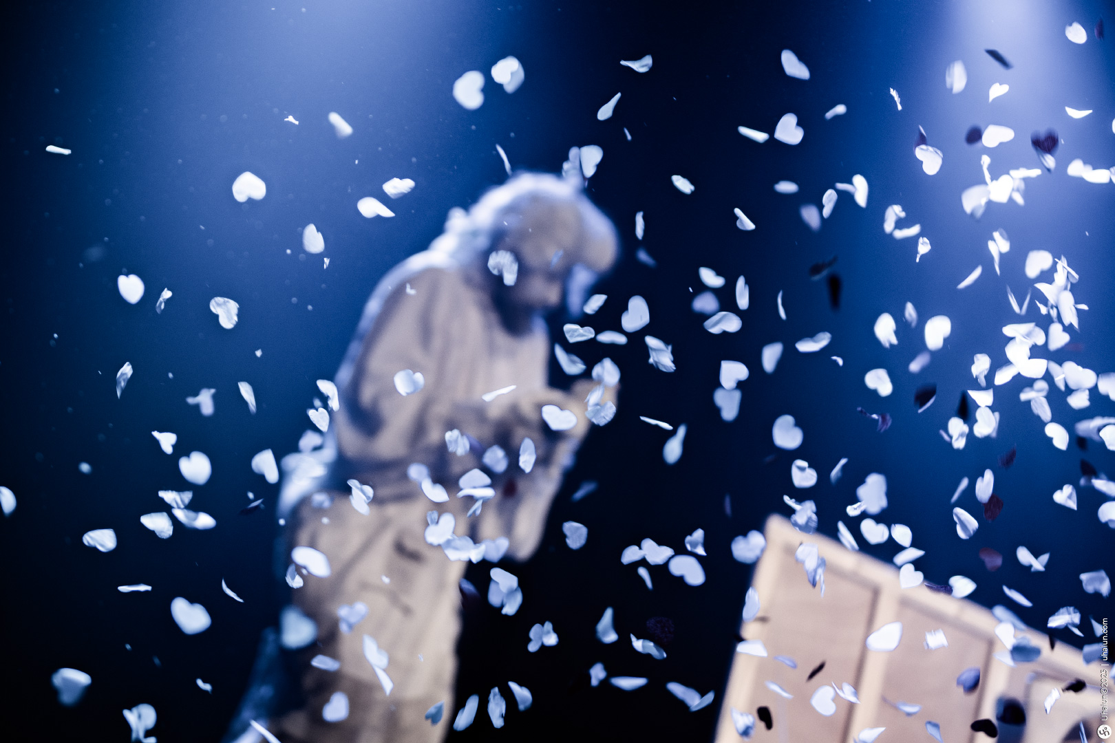 Performer on stage surrounded by falling petals