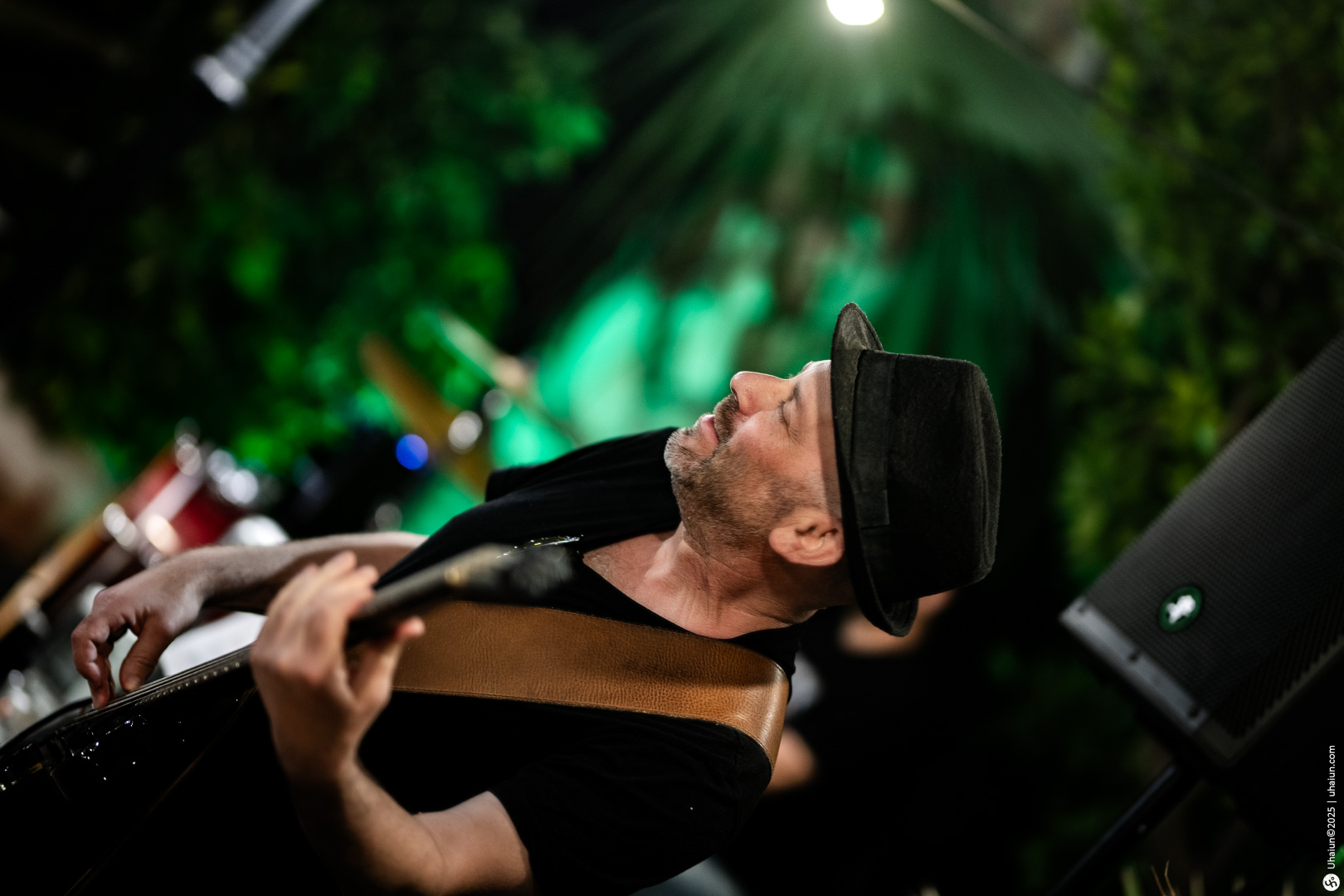 Guitarist performing lively at an outdoor concert