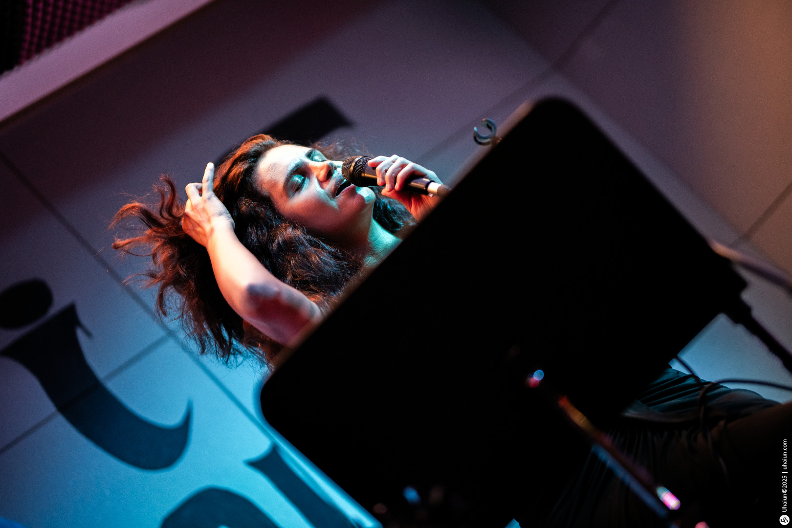 Singer performing passionately on stage with microphone