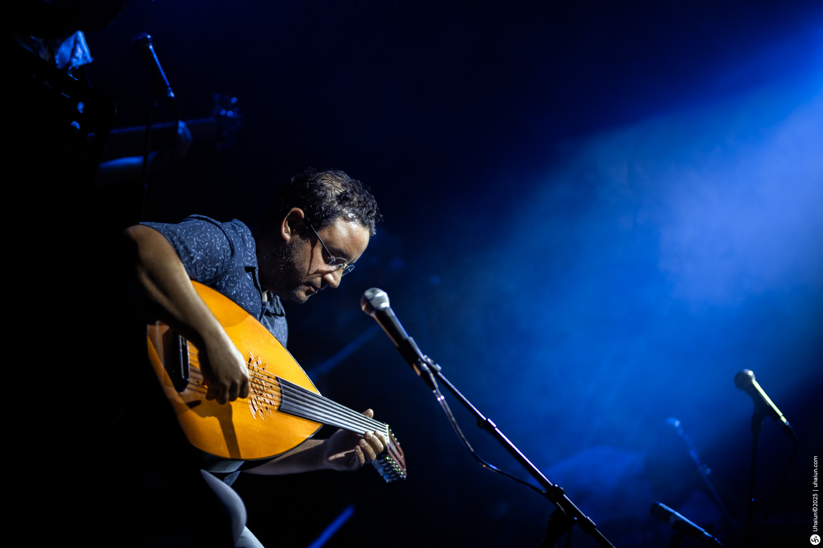 Musician playing oud on stage under spotlight