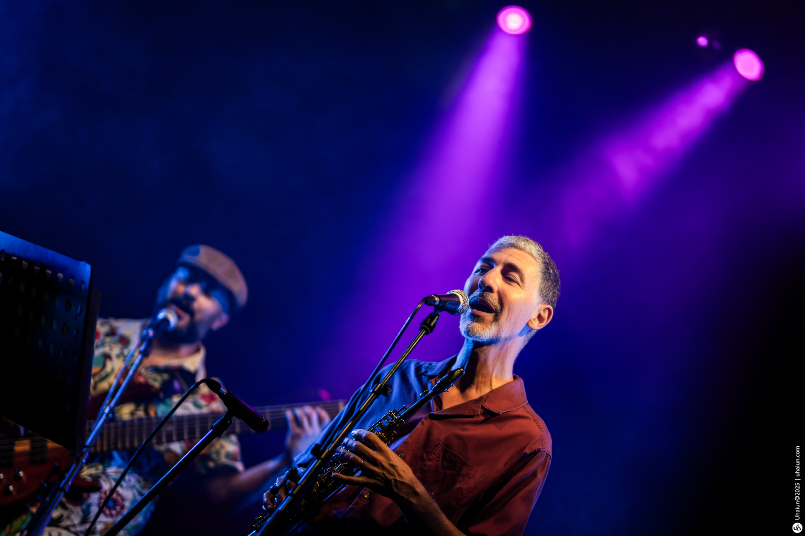 Musicians performing lively jazz music on stage